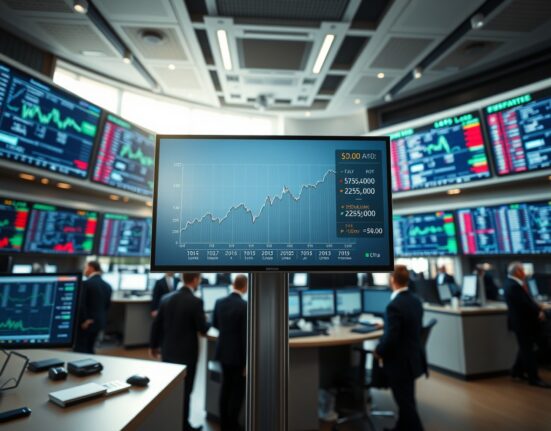 Forex trading floor with monitors showing US Dollar index and economic data charts