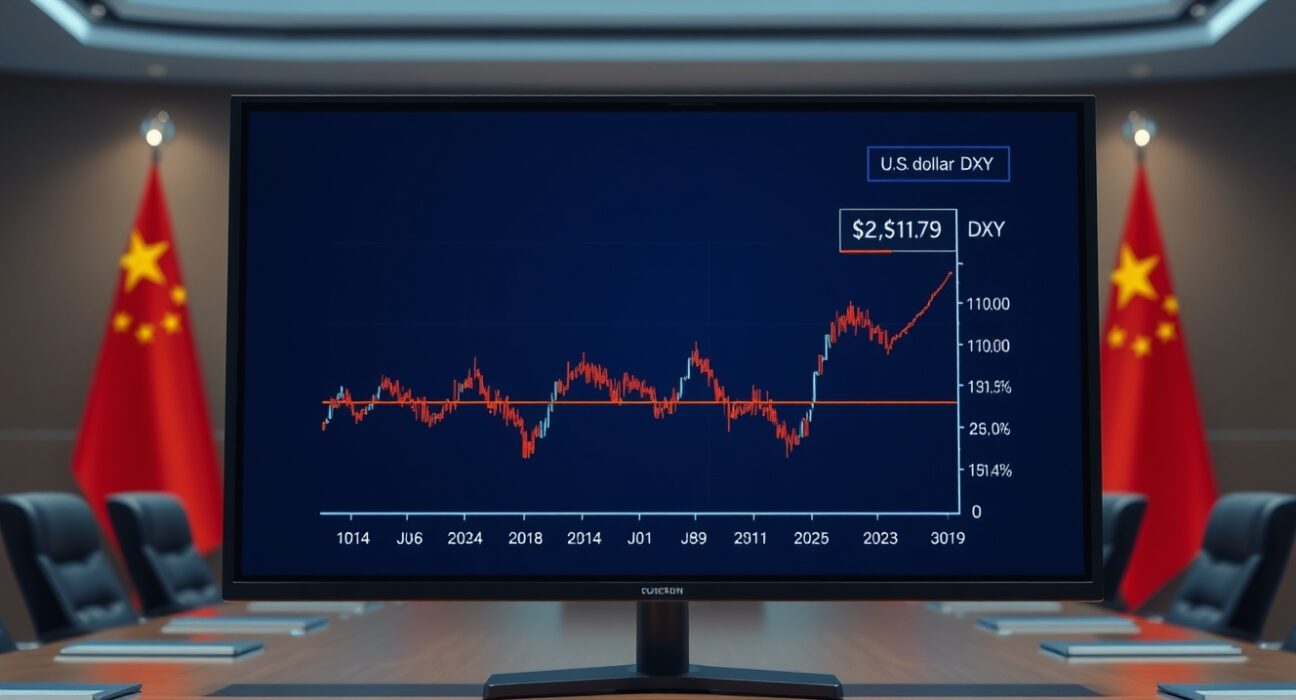 Digital screen showing steady U.S. dollar index in a diplomatic meeting room with U.S. and Chinese flags