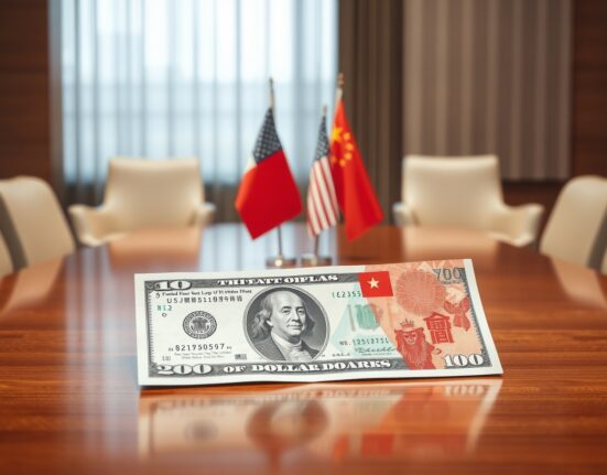 Digital screen showing steady U.S. dollar index in a diplomatic meeting room with U.S. and Chinese flags