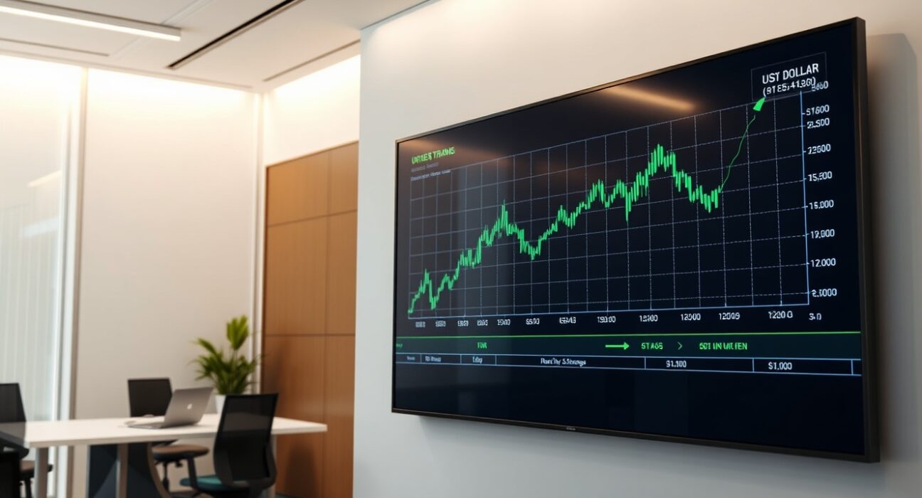 Forex trading chart showing US Dollar index steady movement with financial newsroom background