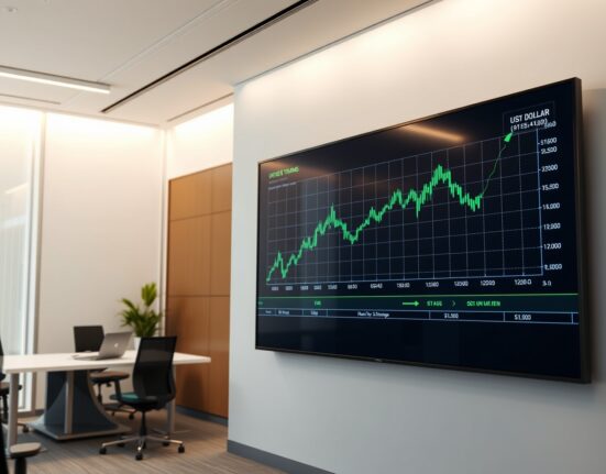 Forex trading chart showing US Dollar index steady movement with financial newsroom background
