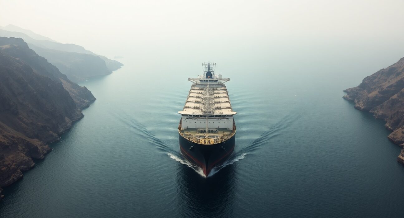 Oil tanker navigating the Strait of Hormuz under overcast sky, representing geopolitical risk and currency market impact.