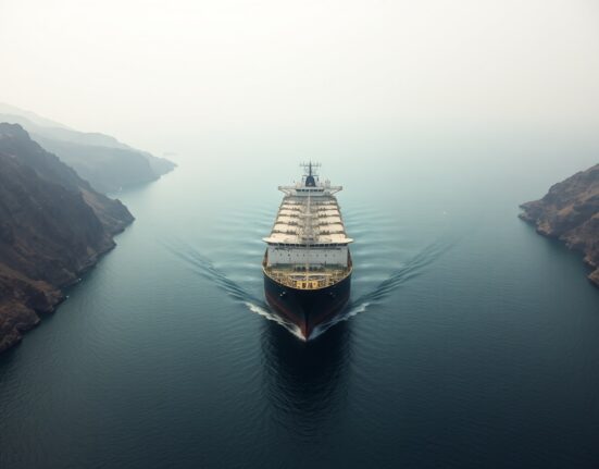 Oil tanker navigating the Strait of Hormuz under overcast sky, representing geopolitical risk and currency market impact.