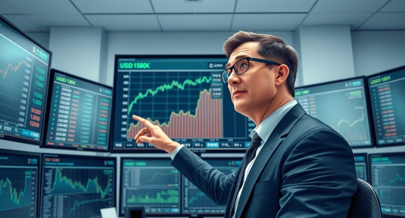 Financial analyst monitoring U.S. dollar strength and DXY index data on trading screens.