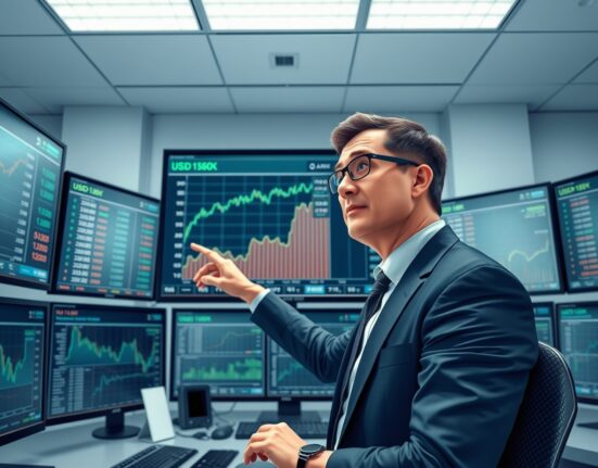 Financial analyst monitoring U.S. dollar strength and DXY index data on trading screens.