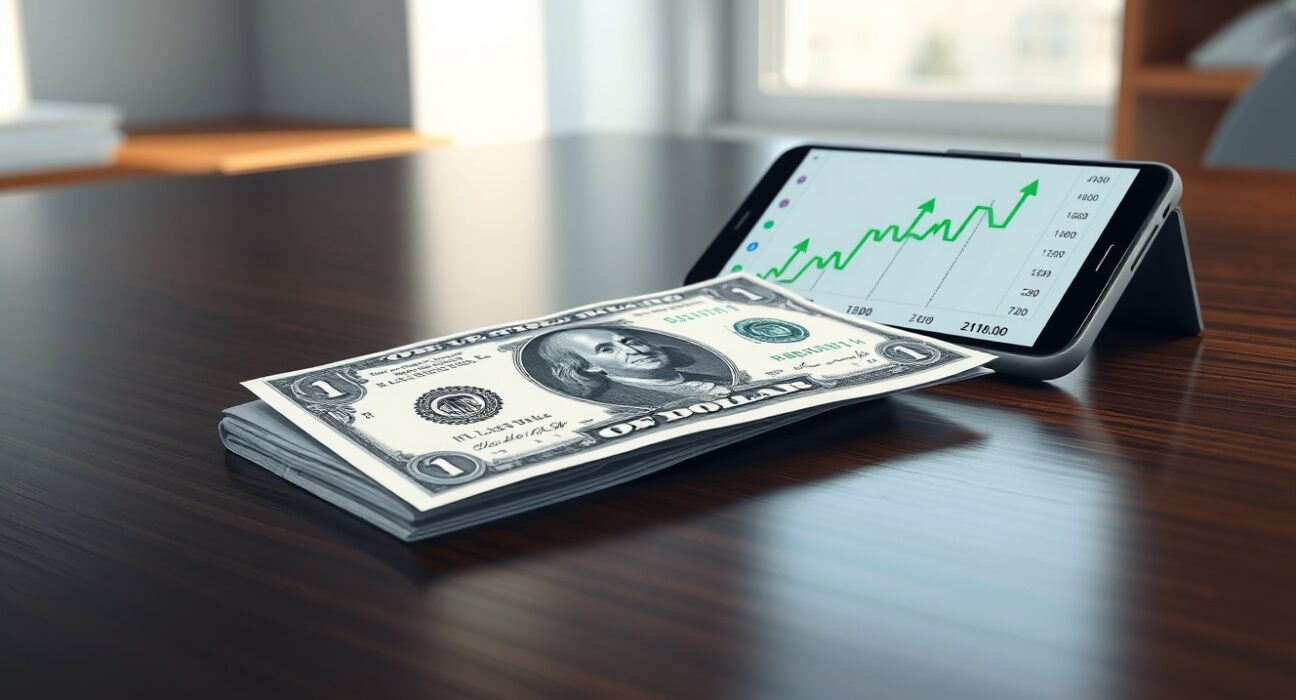US Dollar banknote and forex chart on a desk, representing currency market analysis