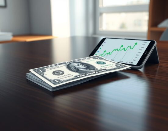 US Dollar banknote and forex chart on a desk, representing currency market analysis