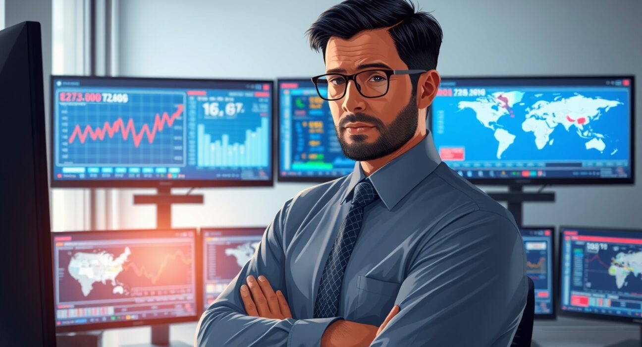 Financial analyst reviewing US economic data and global market charts for USD strength analysis