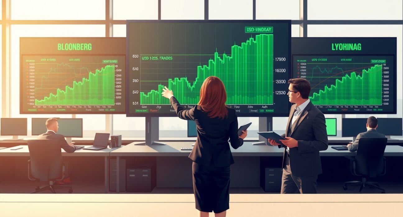 Financial analyst discusses rising US dollar charts on trading desk, illustrating 2025 forex market analysis.