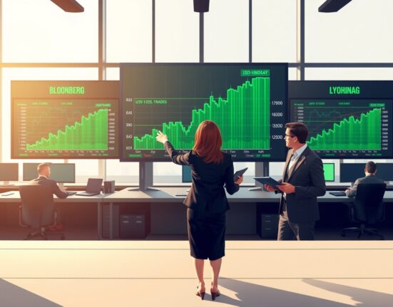 Financial analyst discusses rising US dollar charts on trading desk, illustrating 2025 forex market analysis.