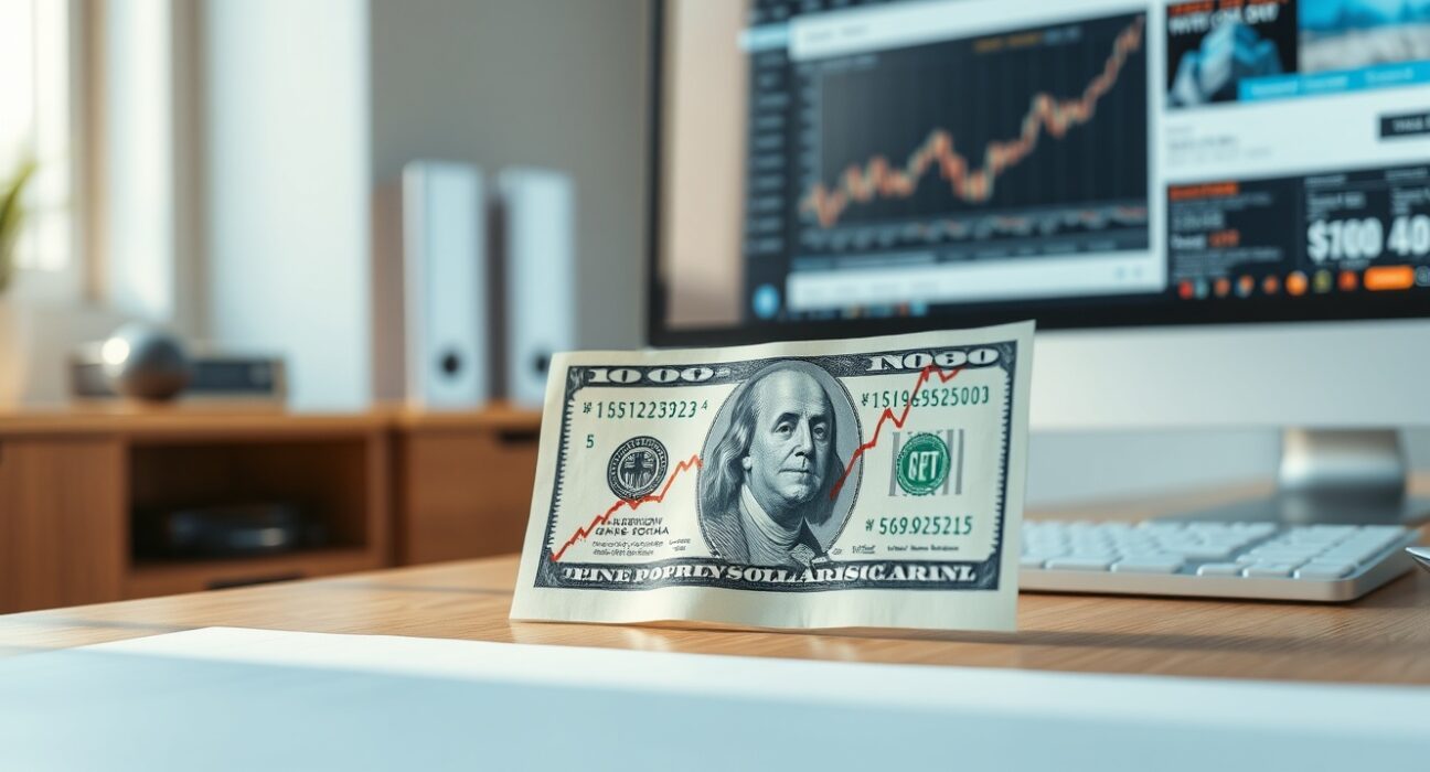 US dollar banknote with a financial chart showing an upward trend on a desk