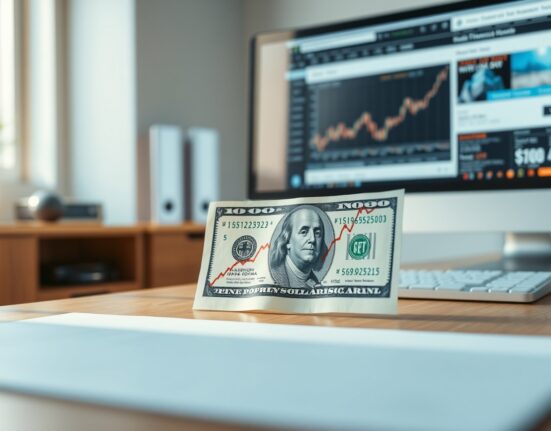 US dollar banknote with a financial chart showing an upward trend on a desk