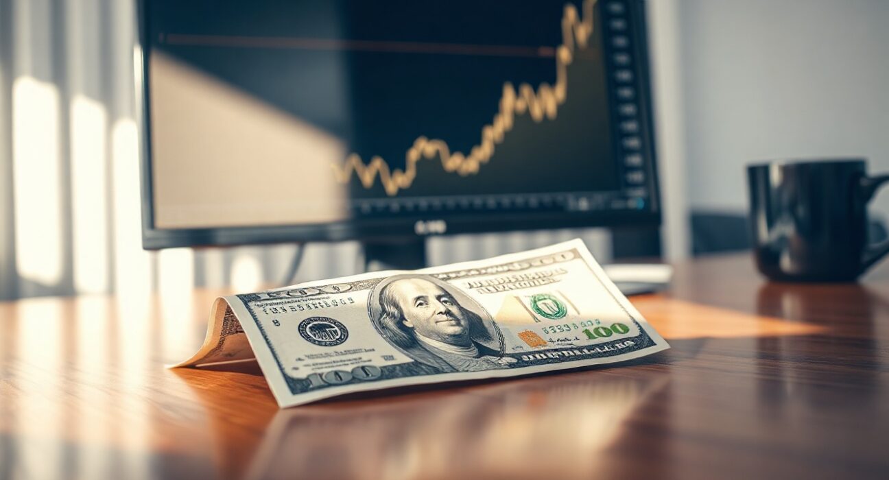 US dollar banknote on a desk in a financial office with a monitor showing an upward chart.