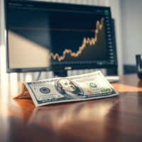 US dollar banknote on a desk in a financial office with a monitor showing an upward chart.