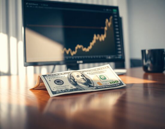 US dollar banknote on a desk in a financial office with a monitor showing an upward chart.