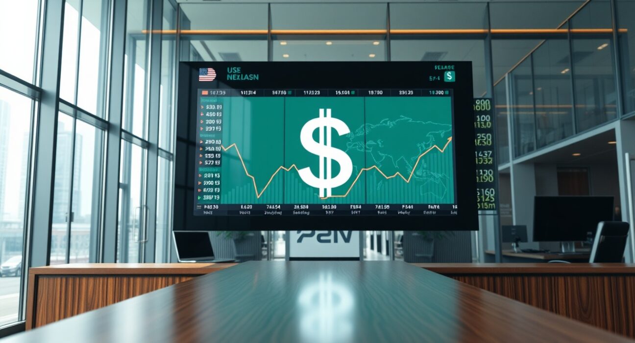 Currency exchange board showing rising US dollar index in a modern financial district trading floor.