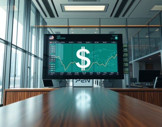 Currency exchange board showing rising US dollar index in a modern financial district trading floor.