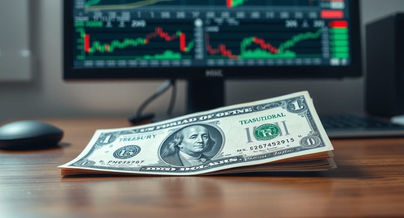 US dollar banknote and Treasury bond certificate on a desk with financial charts on a monitor in the background.