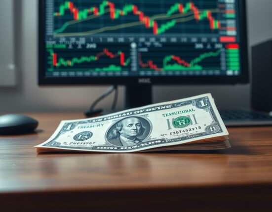 US dollar banknote and Treasury bond certificate on a desk with financial charts on a monitor in the background.