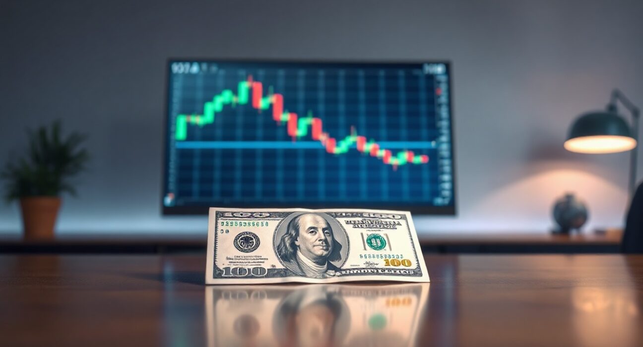 US Dollar banknote on a desk with a financial chart in the background