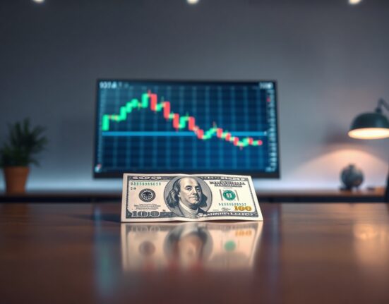 US Dollar banknote on a desk with a financial chart in the background