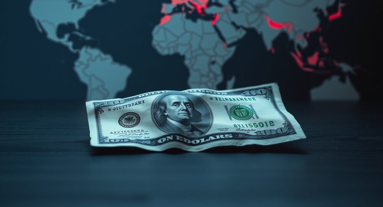 U.S. dollar banknote with blurred map and red glow over Middle East indicating geopolitical risk