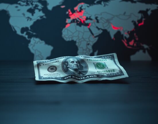 U.S. dollar banknote with blurred map and red glow over Middle East indicating geopolitical risk