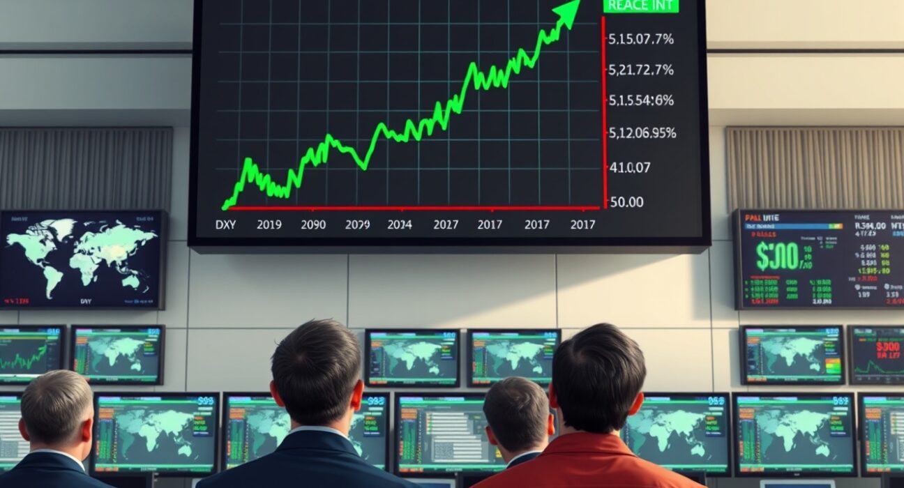 Analysis of U.S. dollar strength and oil price surge above $100 on a financial trading desk display.