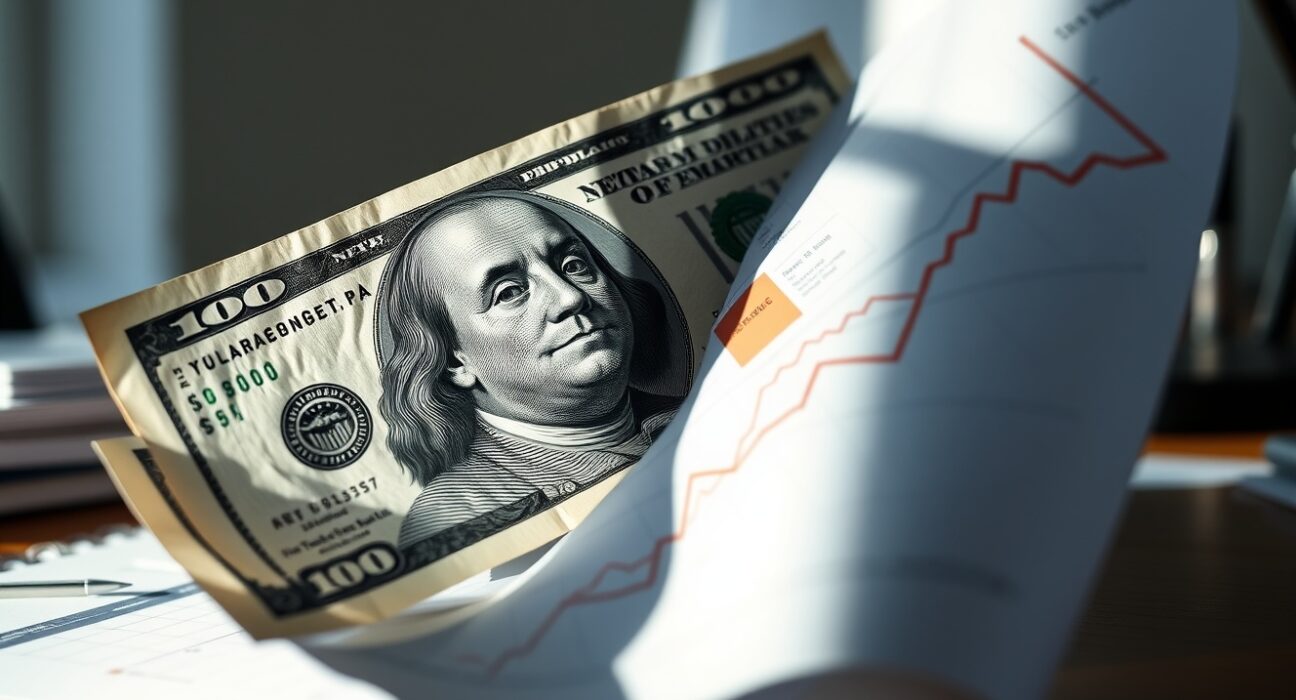 U.S. dollar banknote and financial chart showing inflation data trends in a professional newsroom setting.