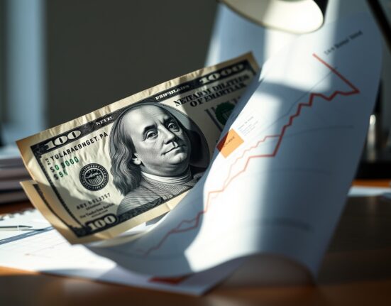 U.S. dollar banknote and financial chart showing inflation data trends in a professional newsroom setting.