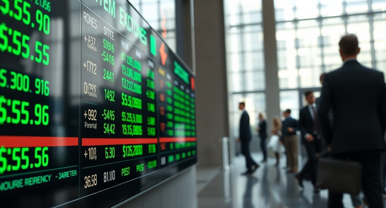 Currency exchange board showing rising U.S. dollar rates in a modern financial district setting