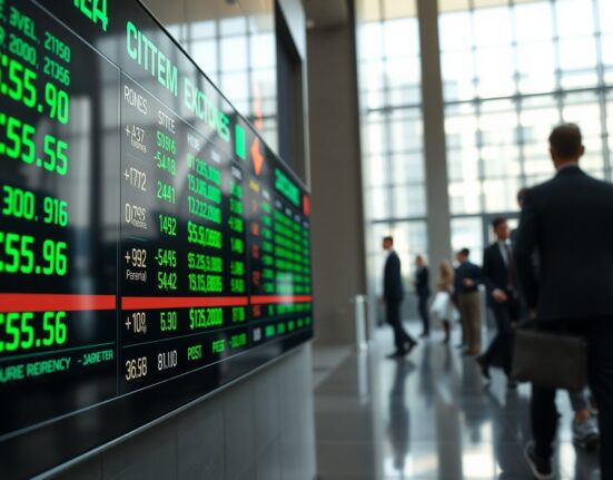 Currency exchange board showing rising U.S. dollar rates in a modern financial district setting