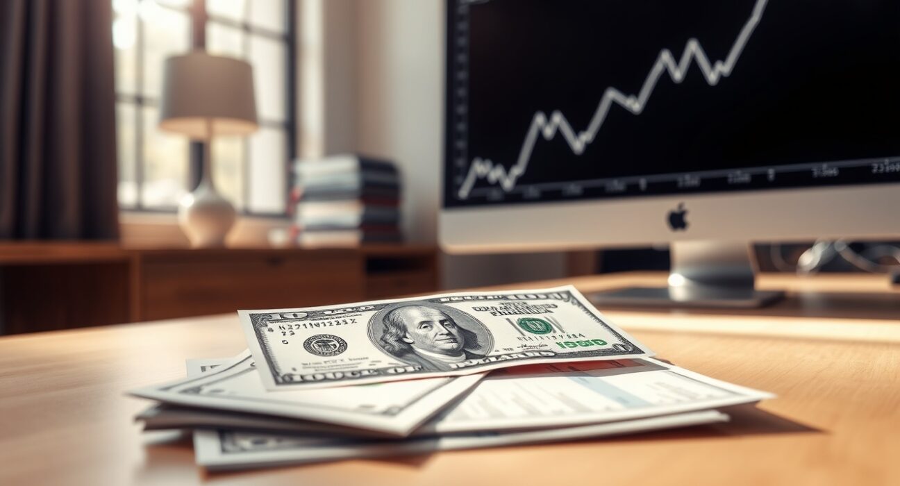 US Dollar banknote on a desk with a financial chart showing an upward trend.