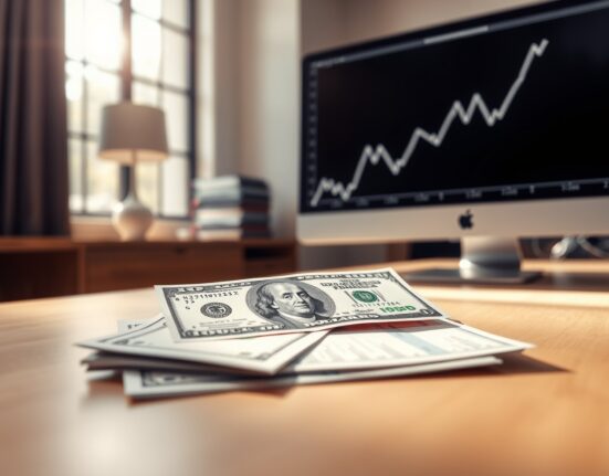 US Dollar banknote on a desk with a financial chart showing an upward trend.