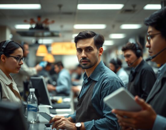 Busy service industry workplace representing strong US services sector activity and persistent inflation.