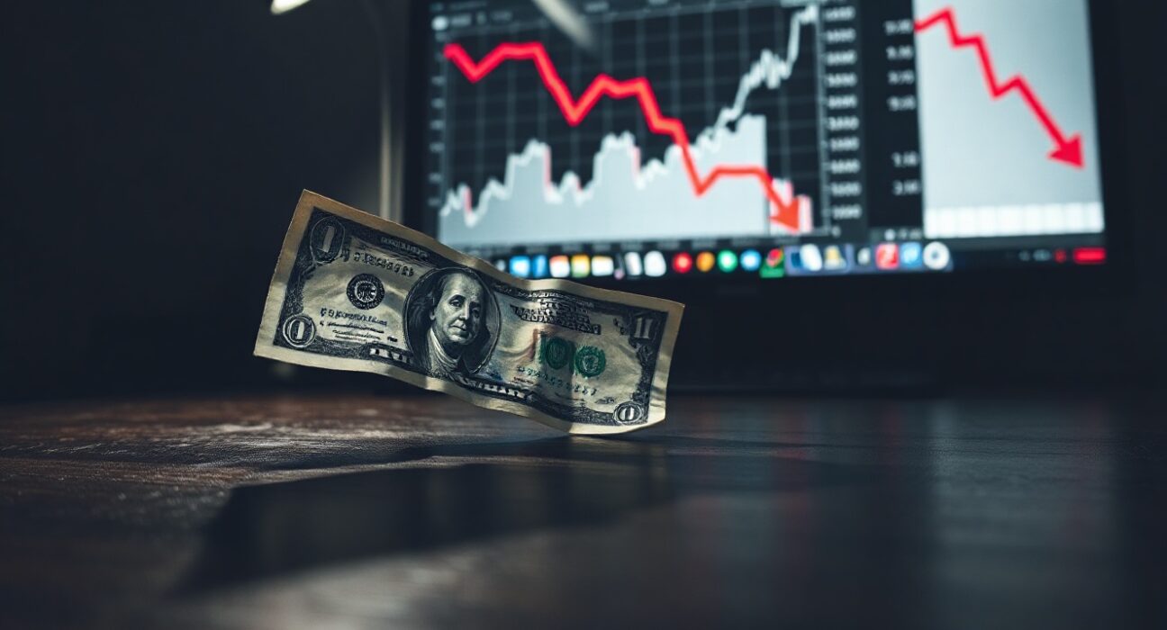Crumpled US dollar bill on desk with bearish financial charts in background