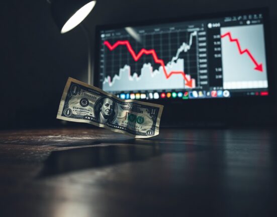 Crumpled US dollar bill on desk with bearish financial charts in background