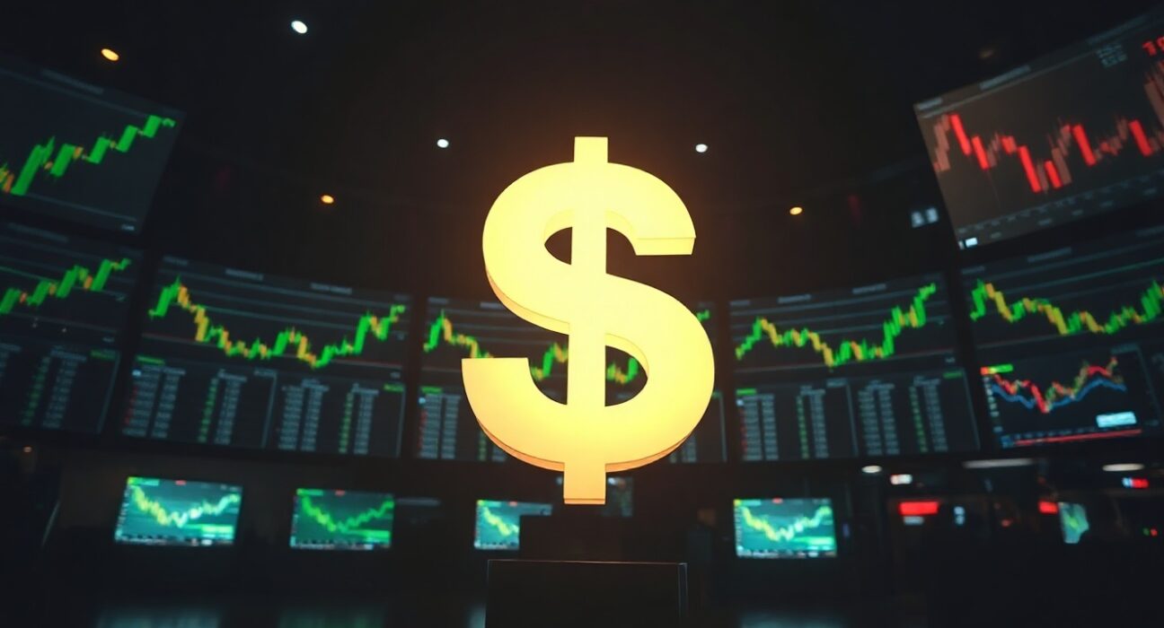 US dollar symbol on a trading floor with financial charts in background