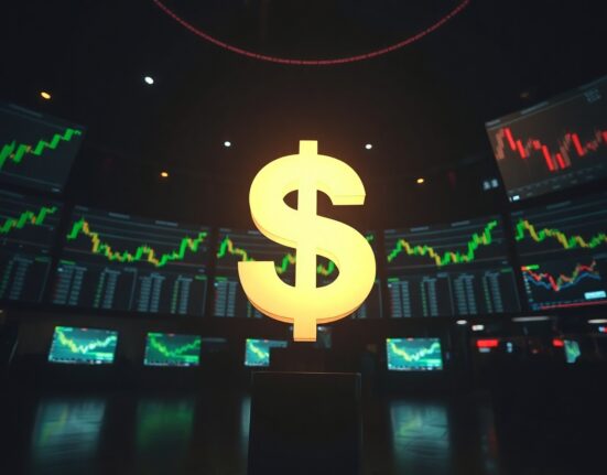 US dollar symbol on a trading floor with financial charts in background