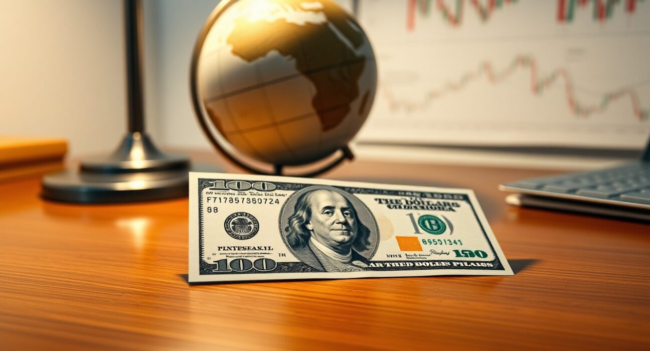 US Dollar banknote on desk with globe in background, illustrating DBS summit-driven correction forecast