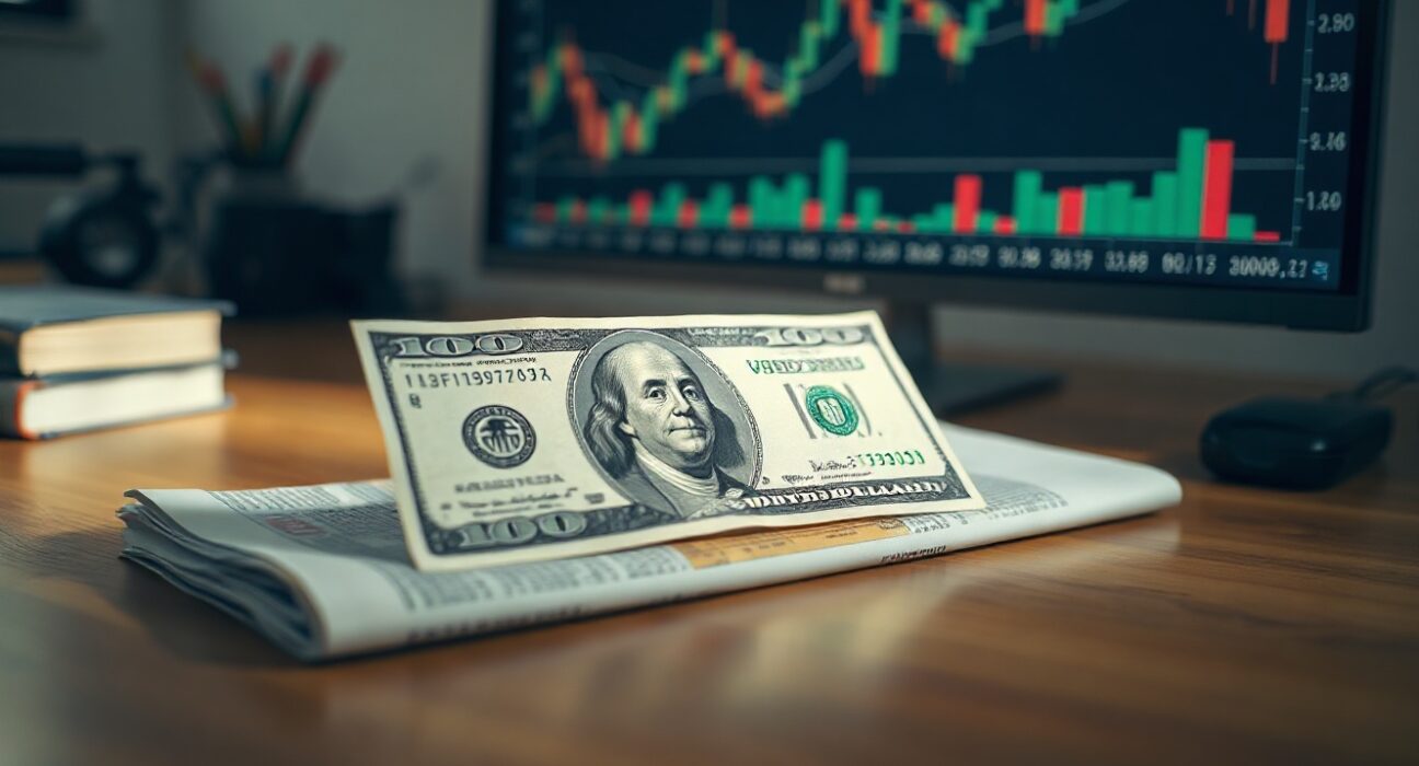 US dollar bill on a desk with financial charts in the background