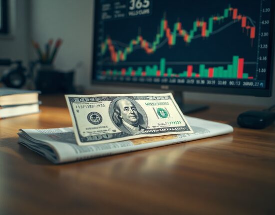 US dollar bill on a desk with financial charts in the background