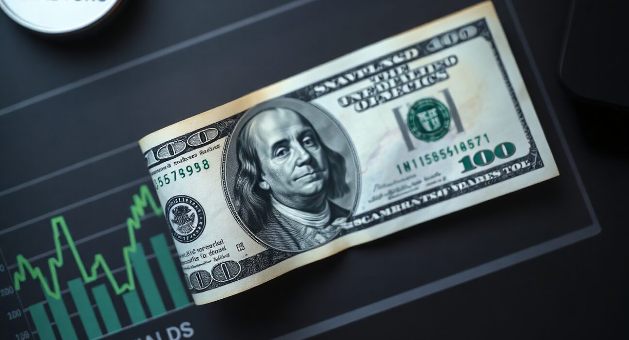 US Dollar banknote on a financial chart showing an upward trend, representing higher yields and Fed support.