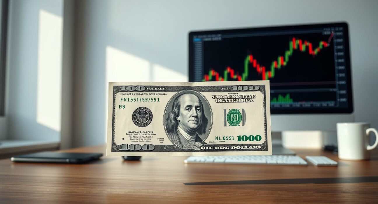 US Dollar banknote on a financial analyst's desk with a chart on a monitor in the background.