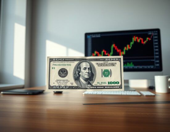 US Dollar banknote on a financial analyst's desk with a chart on a monitor in the background.