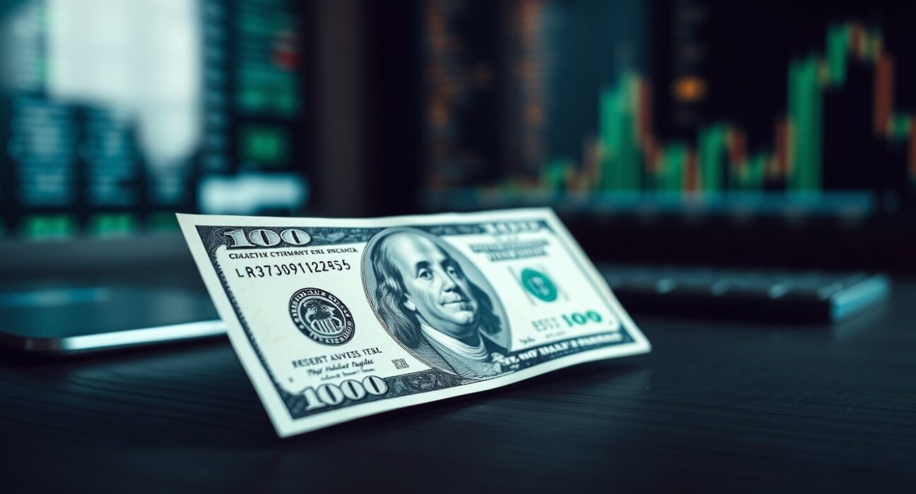 Close-up of a US Dollar banknote on a desk, representing currency market analysis.