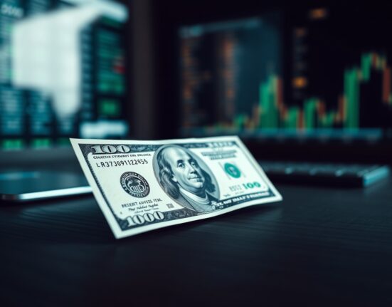 Close-up of a US Dollar banknote on a desk, representing currency market analysis.