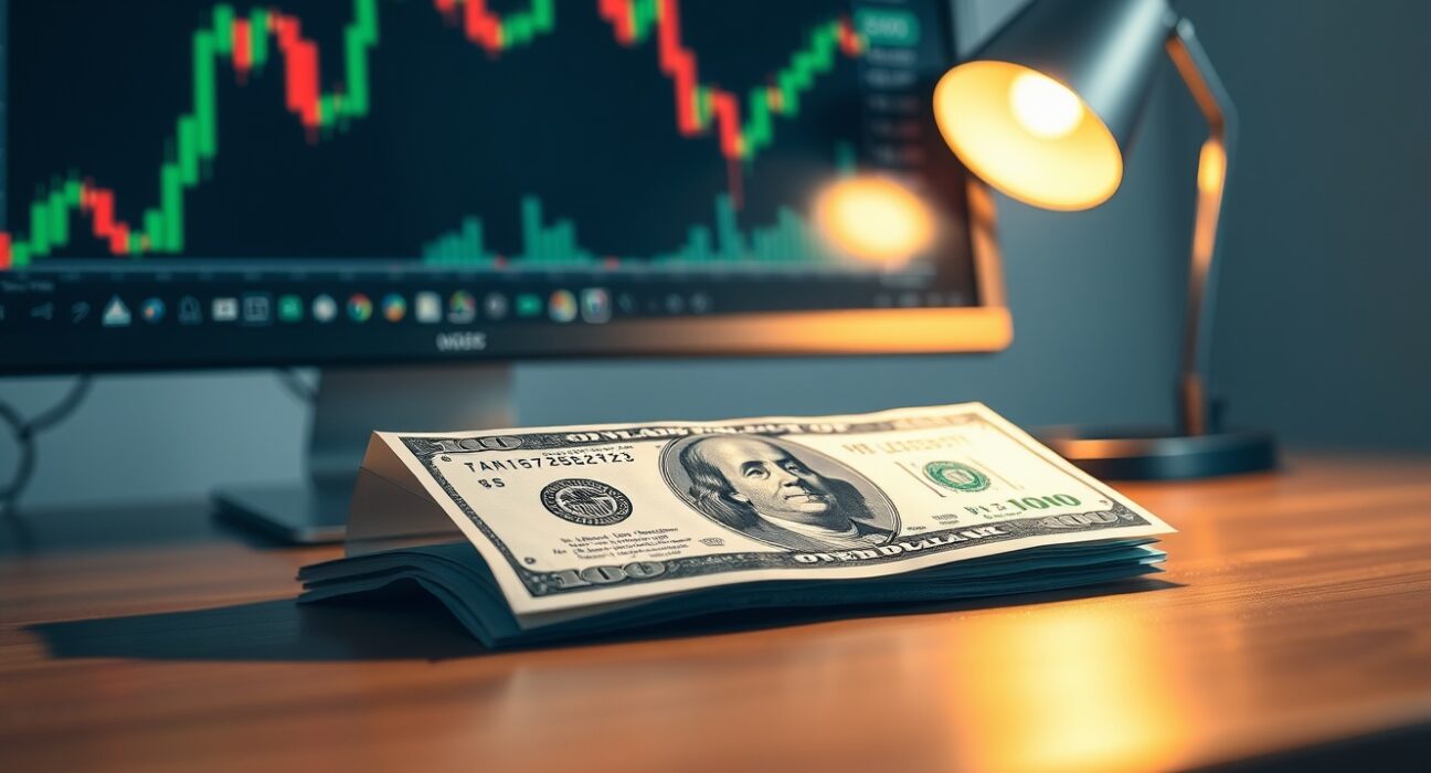 US Dollar banknote on desk with financial chart in background
