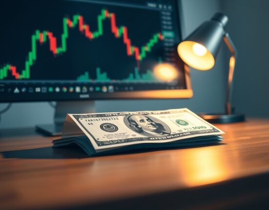 US Dollar banknote on desk with financial chart in background