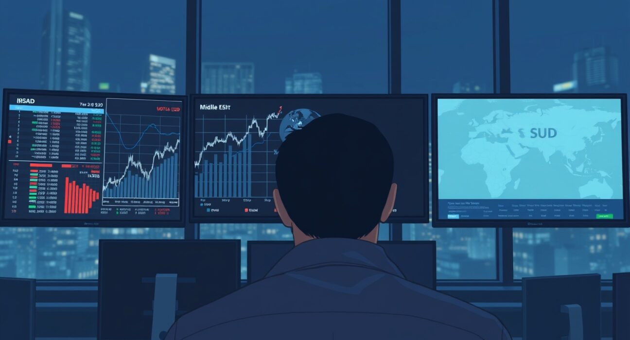 Trader monitoring US Dollar surge and forex charts amid Iran tensions market volatility.